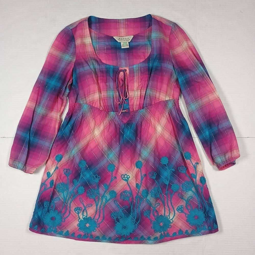 Roper Western Pink Blue Plaid Embroidery Floral Cotton Babydoll Tie Size Small